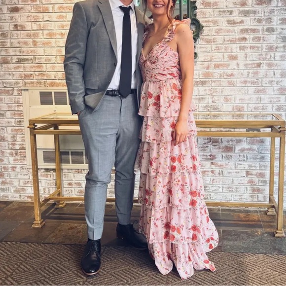 $458 MAC DUGGAL Ruffle Strap Pink Floral Chiffon Gown/Dress (size 4) - Picture 7 of 9